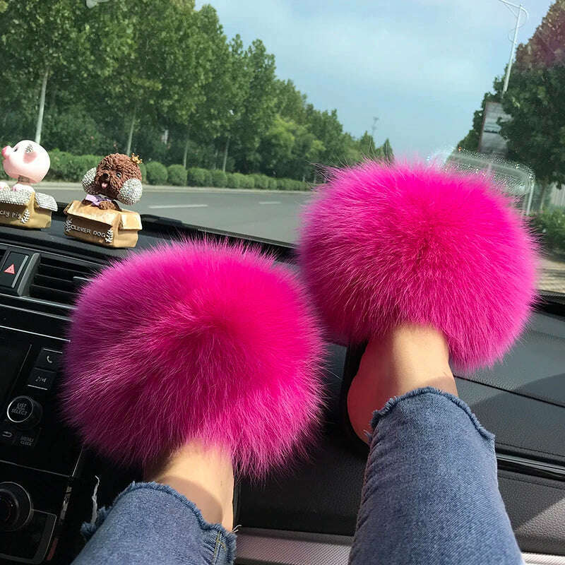 KIMLUD, Fox Fur Slippers Women Summer Furry Home Outdoor Flat Sandals Casual Boys Raccoon Slides High Quality Luxury Flip Flops Shoes, KIMLUD Womens Clothes