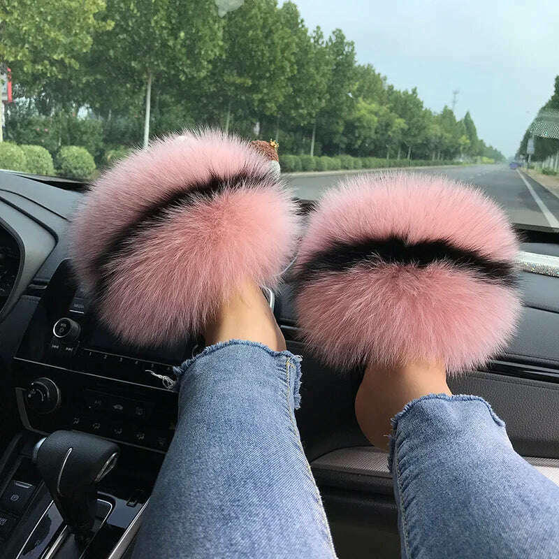 KIMLUD, Fox Fur Slippers Women Summer Furry Home Outdoor Flat Sandals Casual Boys Raccoon Slides High Quality Luxury Flip Flops Shoes, KIMLUD Womens Clothes