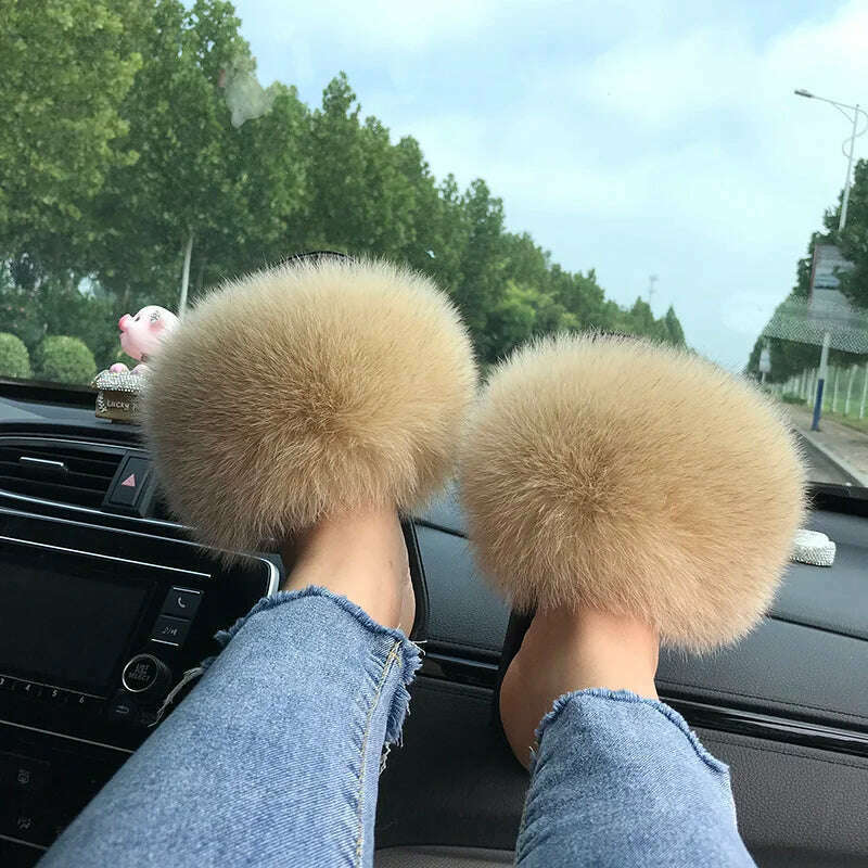 KIMLUD, Fox Fur Slippers Women Summer Furry Home Outdoor Flat Sandals Casual Boys Raccoon Slides High Quality Luxury Flip Flops Shoes, KIMLUD Womens Clothes