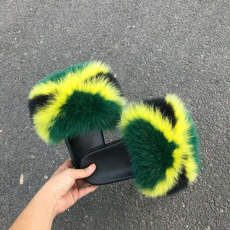 KIMLUD, Fox Fur Slippers Women Summer Furry Home Outdoor Flat Sandals Casual Boys Raccoon Slides High Quality Luxury Flip Flops Shoes, KIMLUD Womens Clothes