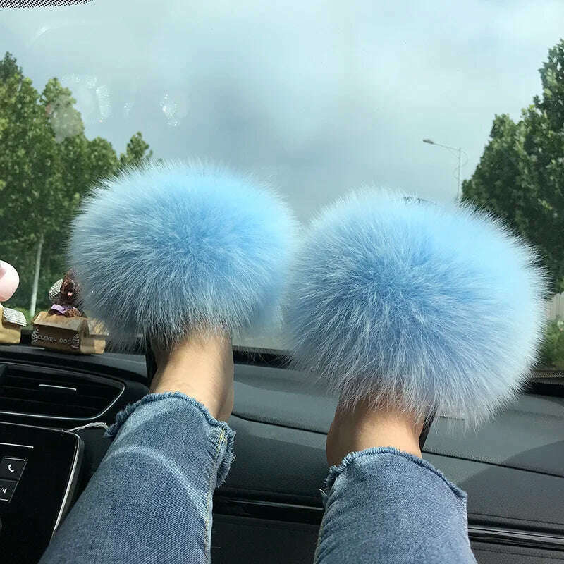 KIMLUD, Fox Fur Slippers Women Summer Furry Home Outdoor Flat Sandals Casual Boys Raccoon Slides High Quality Luxury Flip Flops Shoes, 11(44-45) / sky Blue, KIMLUD APPAREL - Womens Clothes