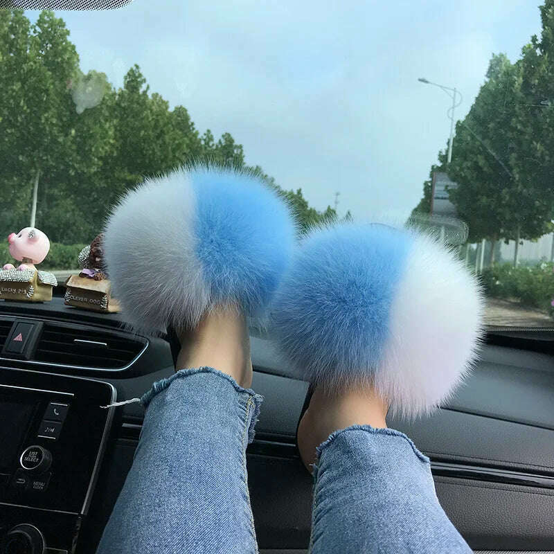 KIMLUD, Fox Fur Slippers Women Summer Furry Home Outdoor Flat Sandals Casual Boys Raccoon Slides High Quality Luxury Flip Flops Shoes, 11(44-45) / White and sky blue, KIMLUD APPAREL - Womens Clothes