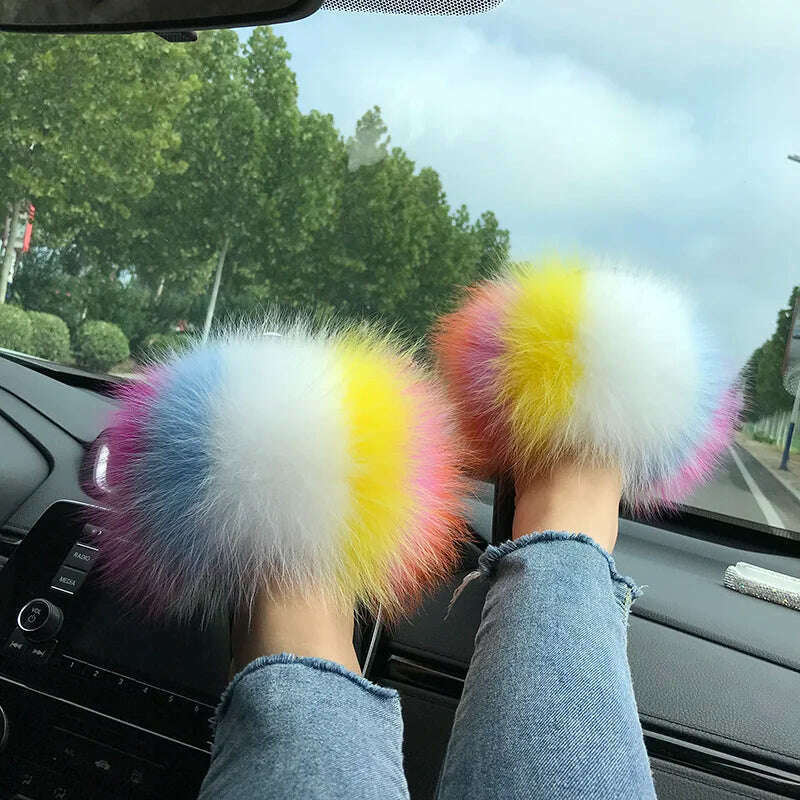 KIMLUD, Fox Fur Slippers Women Summer Furry Home Outdoor Flat Sandals Casual Boys Raccoon Slides High Quality Luxury Flip Flops Shoes, 11(44-45) / Ice cream color, KIMLUD APPAREL - Womens Clothes