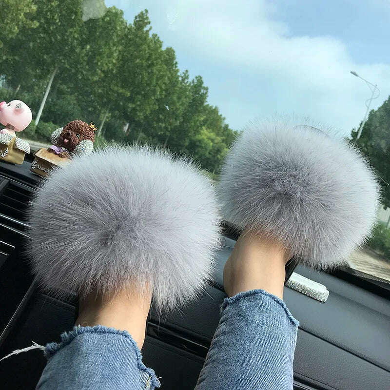 KIMLUD, Fox Fur Slippers Women Summer Furry Home Outdoor Flat Sandals Casual Boys Raccoon Slides High Quality Luxury Flip Flops Shoes, KIMLUD Womens Clothes