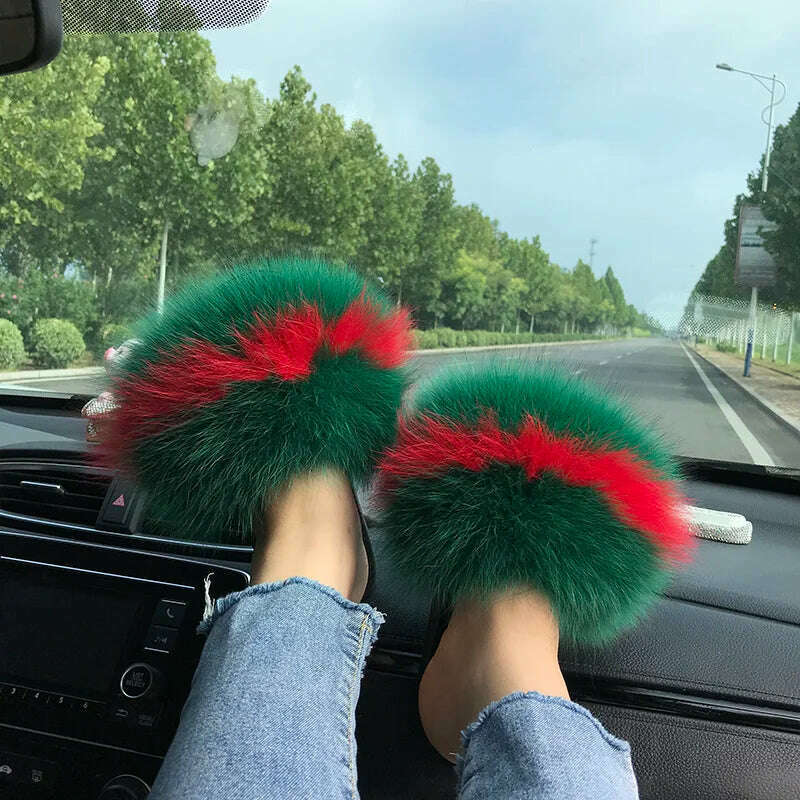 KIMLUD, Fox Fur Slippers Women Summer Furry Home Outdoor Flat Sandals Casual Boys Raccoon Slides High Quality Luxury Flip Flops Shoes, 11(44-45) / Green and red, KIMLUD APPAREL - Womens Clothes