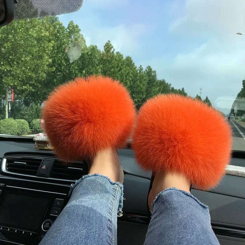 KIMLUD, Fox Fur Slippers Women Summer Furry Home Outdoor Flat Sandals Casual Boys Raccoon Slides High Quality Luxury Flip Flops Shoes, 11(44-45) / Orange, KIMLUD APPAREL - Womens Clothes