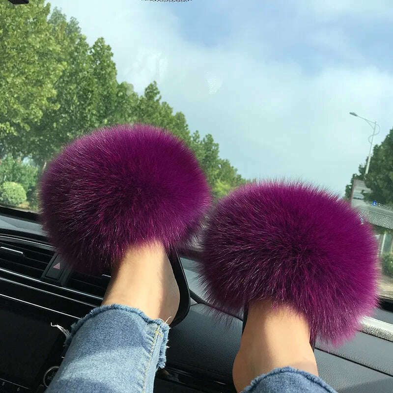 KIMLUD, Fox Fur Slippers Women Summer Furry Home Outdoor Flat Sandals Casual Boys Raccoon Slides High Quality Luxury Flip Flops Shoes, 11(44-45) / dark purple, KIMLUD APPAREL - Womens Clothes