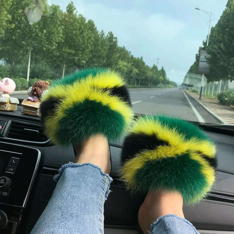 KIMLUD, Fox Fur Slippers Women Summer Furry Home Outdoor Flat Sandals Casual Boys Raccoon Slides High Quality Luxury Flip Flops Shoes, 11(44-45) / rice characters, KIMLUD APPAREL - Womens Clothes