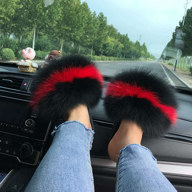 KIMLUD, Fox Fur Slippers Women Summer Furry Home Outdoor Flat Sandals Casual Boys Raccoon Slides High Quality Luxury Flip Flops Shoes, 11(44-45) / black Red, KIMLUD APPAREL - Womens Clothes