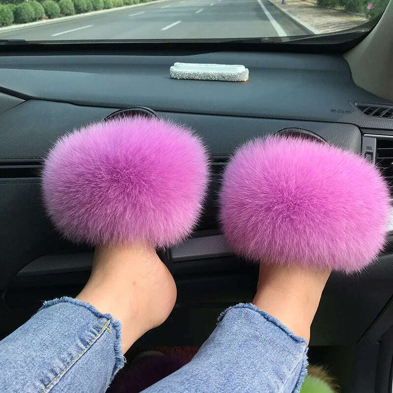 KIMLUD, Fox Fur Slippers Women Summer Furry Home Outdoor Flat Sandals Casual Boys Raccoon Slides High Quality Luxury Flip Flops Shoes, 11(44-45) / xiang yu zi, KIMLUD APPAREL - Womens Clothes