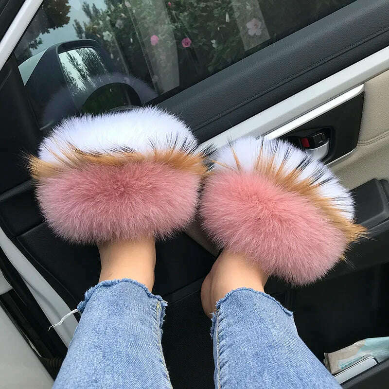 KIMLUD, Fox Fur Slippers Women Summer Furry Home Outdoor Flat Sandals Casual Boys Raccoon Slides High Quality Luxury Flip Flops Shoes, 11(44-45) / raccoon dog hair, KIMLUD APPAREL - Womens Clothes