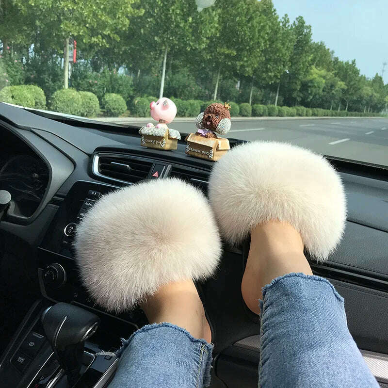 KIMLUD, Fox Fur Slippers Women Summer Furry Home Outdoor Flat Sandals Casual Boys Raccoon Slides High Quality Luxury Flip Flops Shoes, 11(44-45) / creamy-white, KIMLUD APPAREL - Womens Clothes