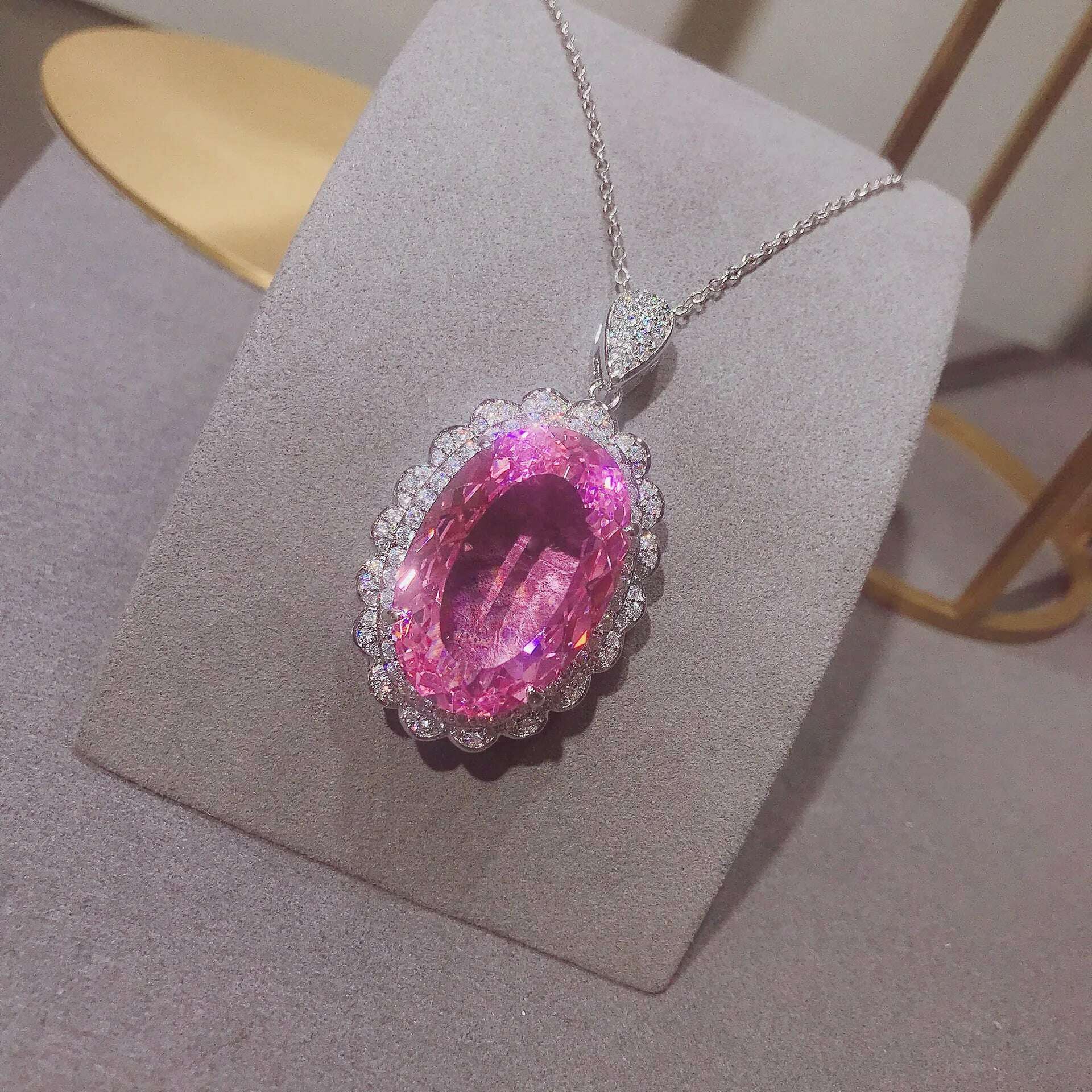 KIMLUD, Foydjew Color Treasure Jewelry Sets Simulation Pink Morgan Stone Pendant Open Ring Super Flash Pink Zircon Necklaces Earrings, KIMLUD Womens Clothes