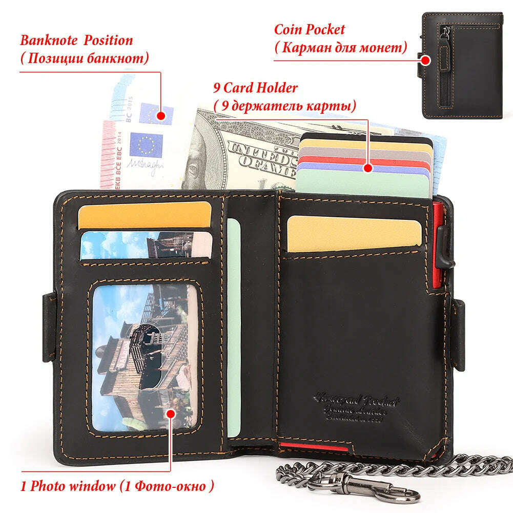 Free Engraving Pop-up Card Holder Genuine Leather Wallets RFID Blocking Metal Cardholder Coin Purse with Apple AirTag Case - KIMLUD