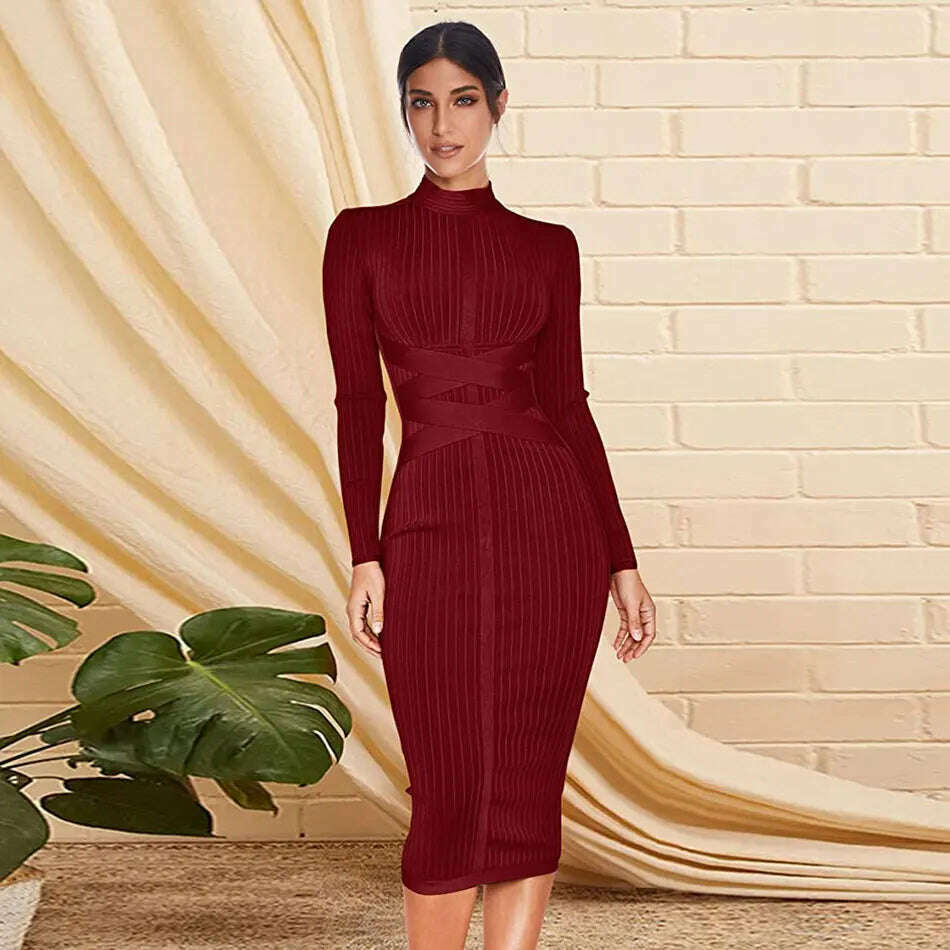 KIMLUD, Free shippin New Arrival 2021 Women Midi Bandage Dress Red Sexy High Neck Long Sleeve Bodycon Bandage Dress Rayon Party Dresses, Claret / XS, KIMLUD APPAREL - Womens Clothes