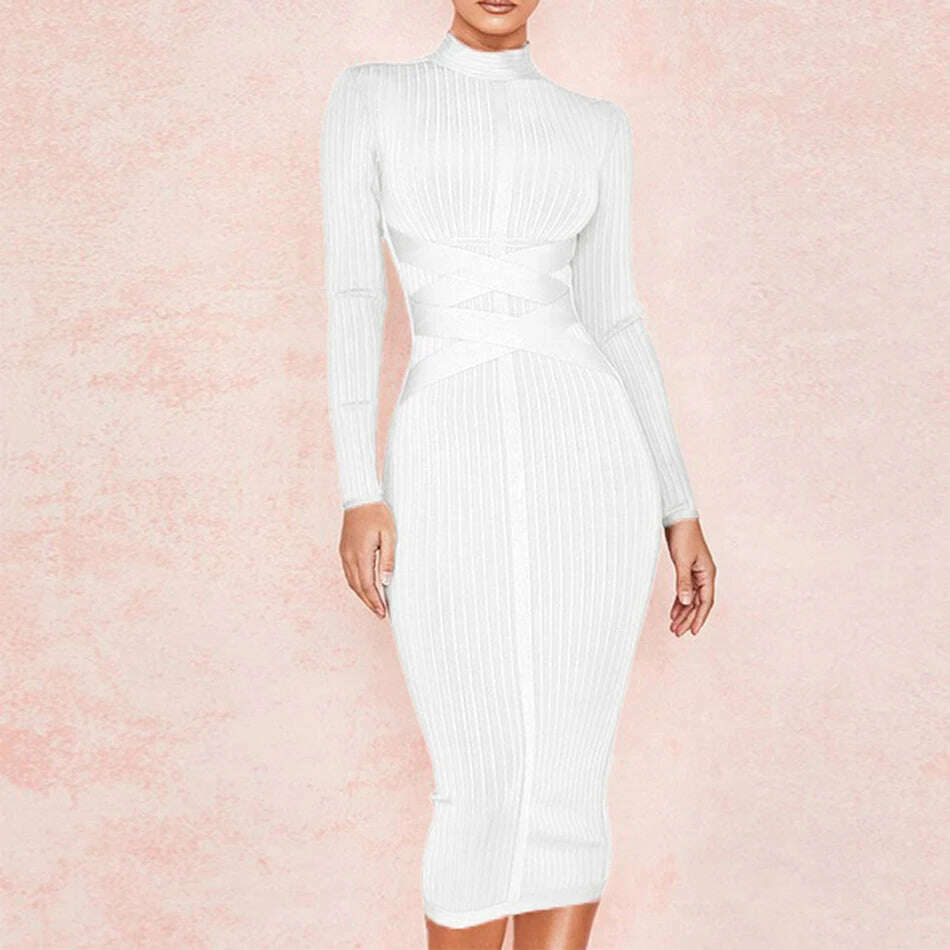 KIMLUD, Free shippin New Arrival 2021 Women Midi Bandage Dress Red Sexy High Neck Long Sleeve Bodycon Bandage Dress Rayon Party Dresses, White / XS, KIMLUD APPAREL - Womens Clothes