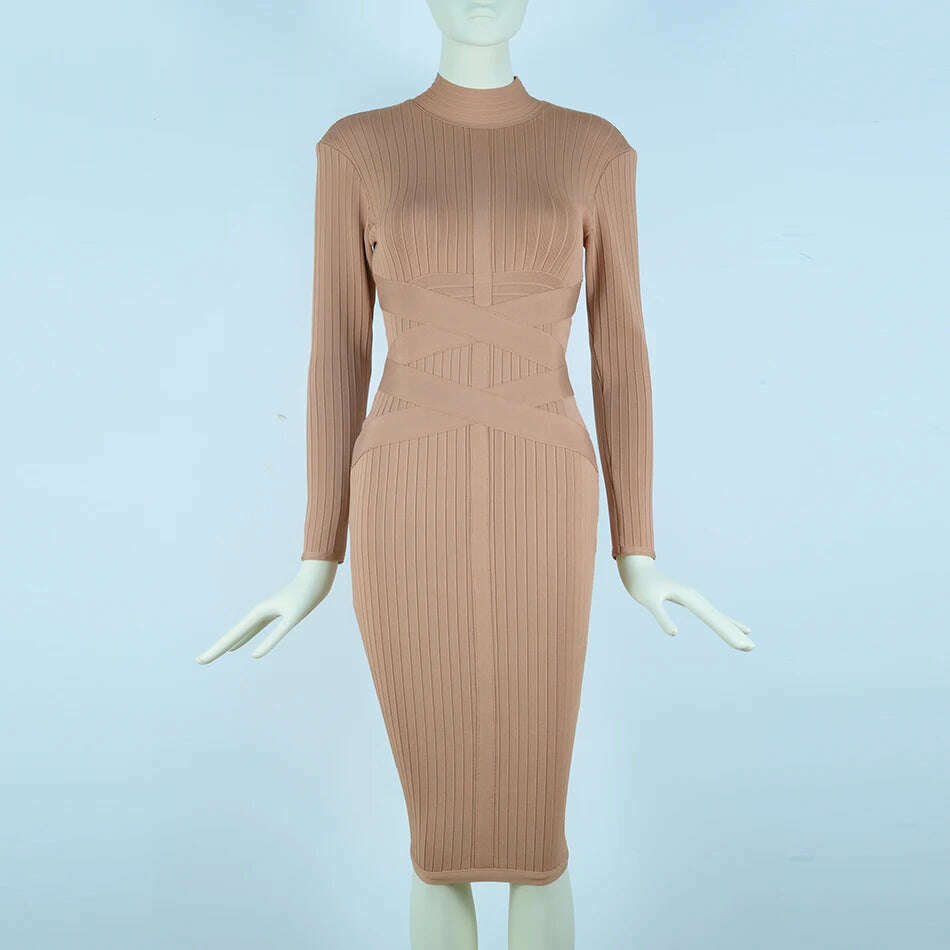 KIMLUD, Free shippin New Arrival 2021 Women Midi Bandage Dress Red Sexy High Neck Long Sleeve Bodycon Bandage Dress Rayon Party Dresses, Khaki / XS, KIMLUD APPAREL - Womens Clothes