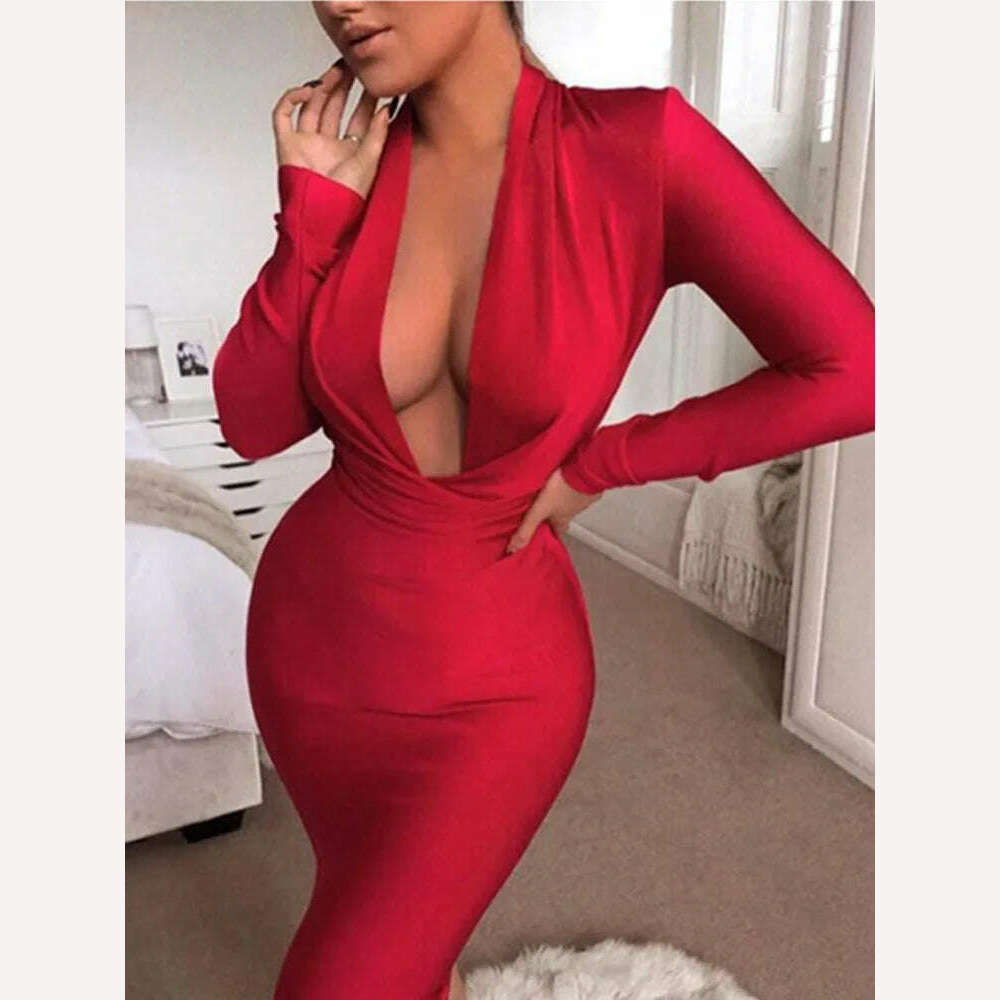 KIMLUD, Free Shipping Winter Sexy V Neck Long Sleeve Women Bodycon Bandage Dress 2022 Celebrity Designer Evening Party Dress Vestido, Red / XS, KIMLUD APPAREL - Womens Clothes