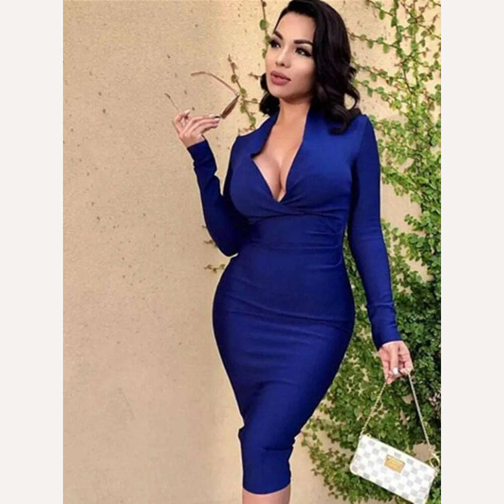 KIMLUD, Free Shipping Winter Sexy V Neck Long Sleeve Women Bodycon Bandage Dress 2022 Celebrity Designer Evening Party Dress Vestido, KIMLUD Womens Clothes