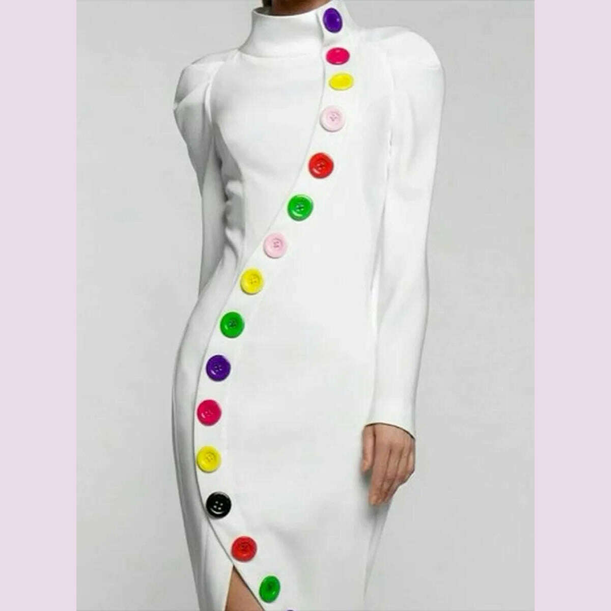 Freeacy 2024 Fall Women's Dress High Neck Puff Sleeves Colorful Buttoned Slim Fit Dress Stylish Middle Length Evening Dresses - KIMLUD