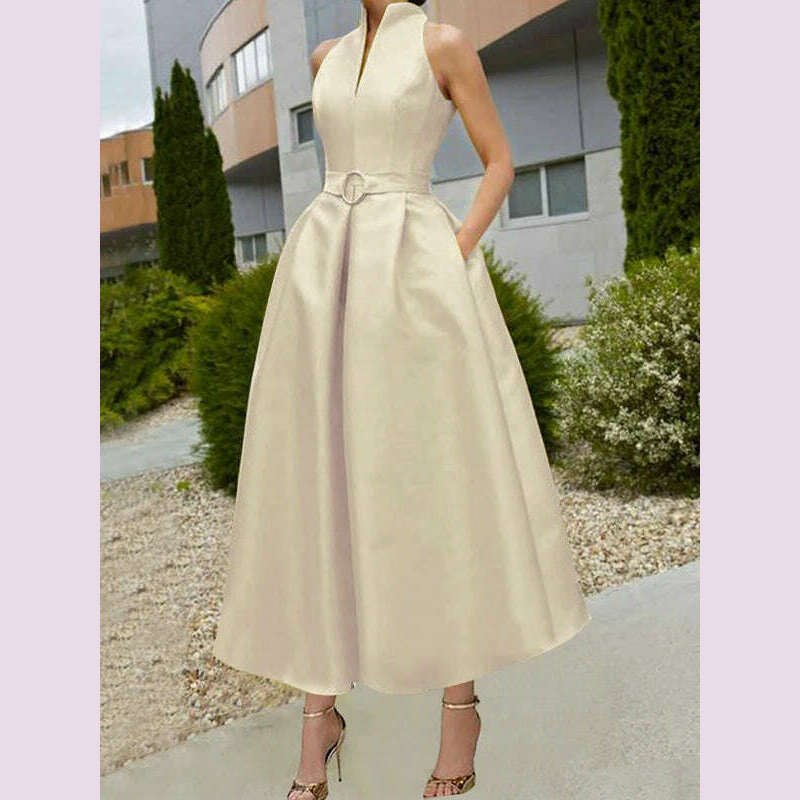 Freeacy 2024 Stylish Belted A-line Dress Stand Collar V-neck Sleeveless Evening Dresses Solid Color High Waist Pleated Dress - KIMLUD