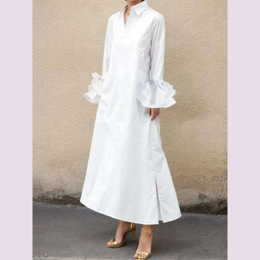 Freeacy Summer Solid Color Women's Dress Lapel Collar Flare Sleeve Loose Fit Shirt Dress Casual Streetwear Maxi Dress for Female - KIMLUD