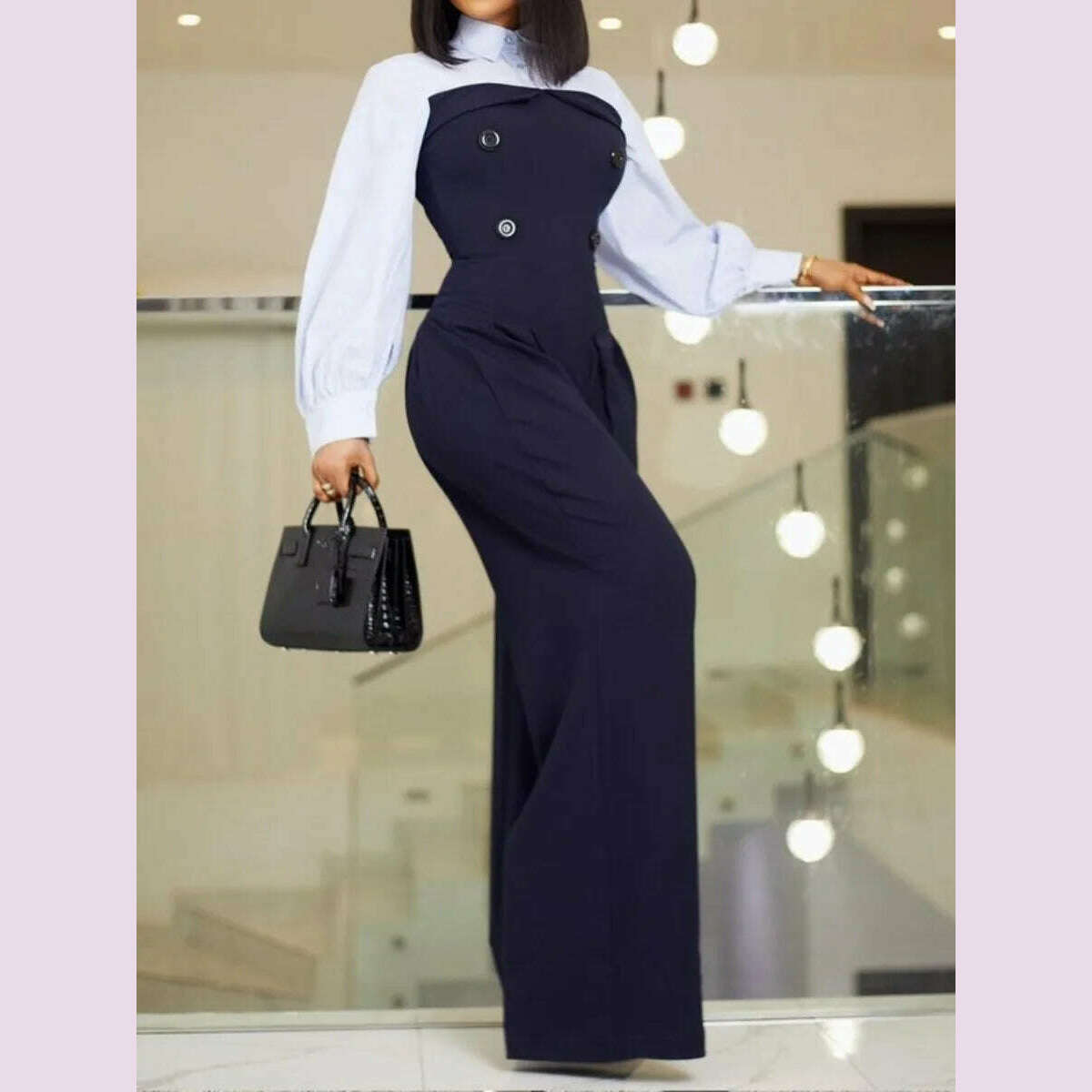 Freeacy Urban Women's Work Suit Lapel Collar Long Sleeves Split-join High Waist Loose Overalls Wide Leg Floor Length Jumpsuits - KIMLUD