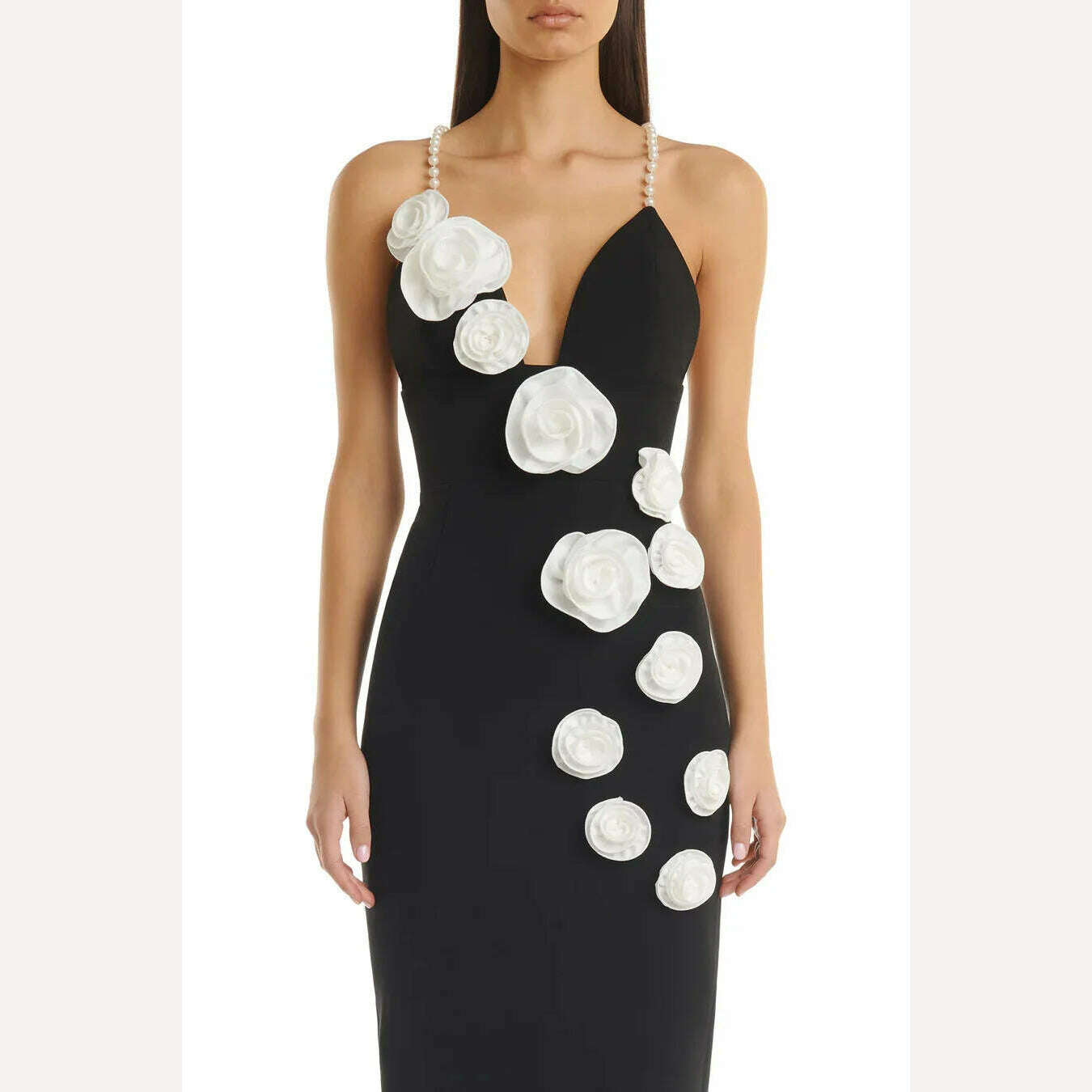 KIMLUD, French court style dress senior sense pearl straps three-dimensional flower design party evening dress women, Black / M, KIMLUD Womens Clothes