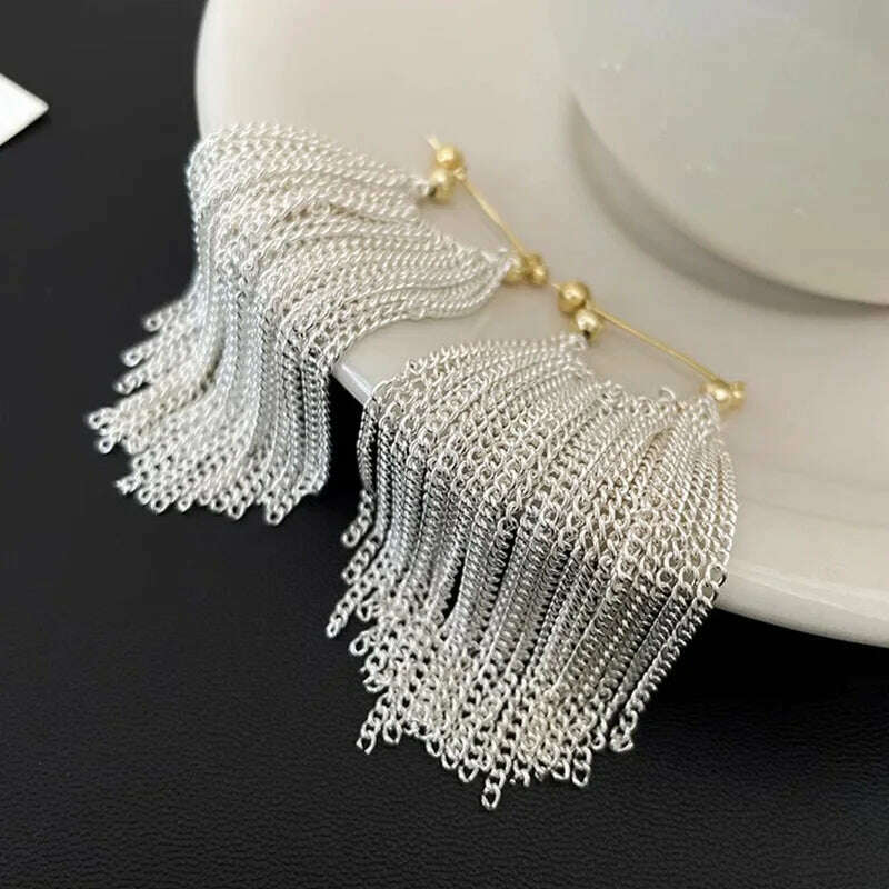 French Luxury Silver Color Chain Waterfall Tassel Long Earrings 2023 New Design Jewelry Party Women's Exaggerated Accessories - KIMLUD