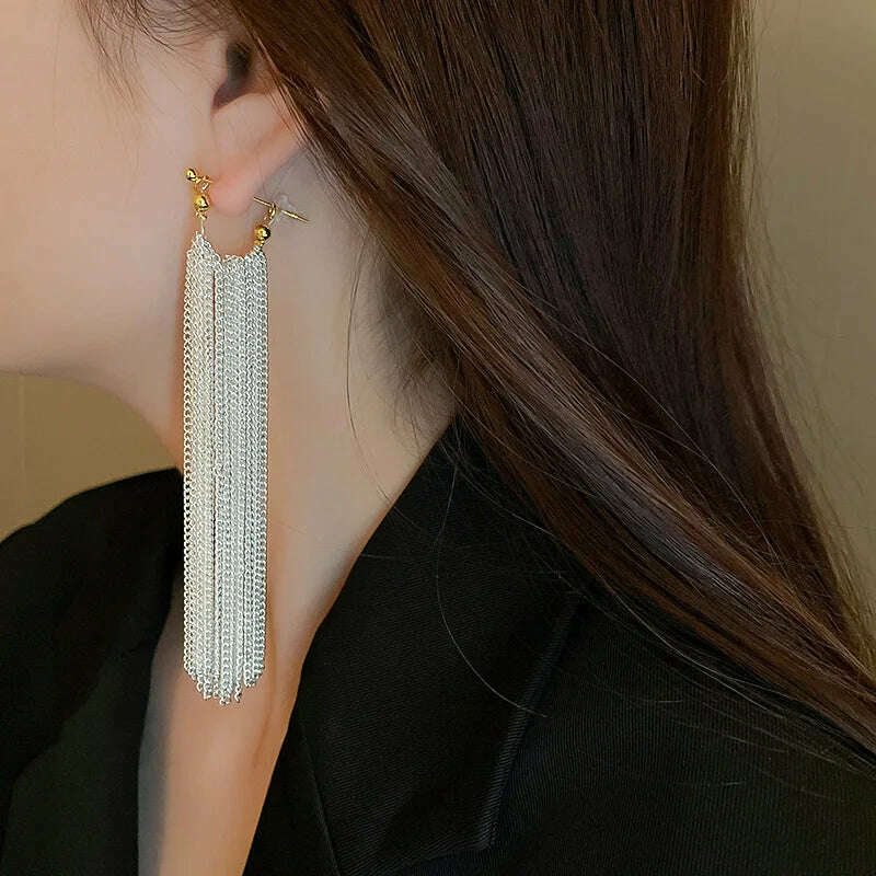 French Luxury Silver Color Chain Waterfall Tassel Long Earrings 2023 New Design Jewelry Party Women's Exaggerated Accessories - KIMLUD