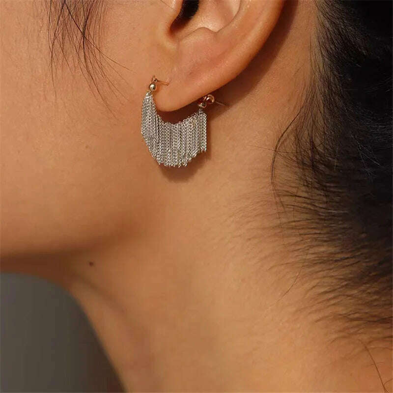 French Luxury Silver Color Chain Waterfall Tassel Long Earrings 2023 New Design Jewelry Party Women's Exaggerated Accessories - KIMLUD