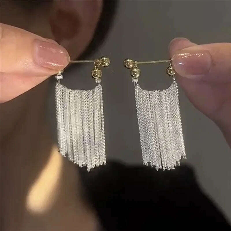 French Luxury Silver Color Chain Waterfall Tassel Long Earrings 2023 New Design Jewelry Party Women's Exaggerated Accessories - KIMLUD