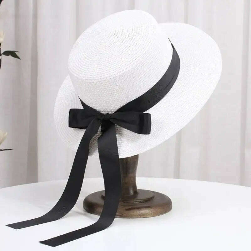 KIMLUD, French Style Sun Hat for Women Flat Top Bowknot Summer Wide Brim Boater Straw Cap Church Derby Fedoras Beach Vacation Panama Hat, KIMLUD Womens Clothes