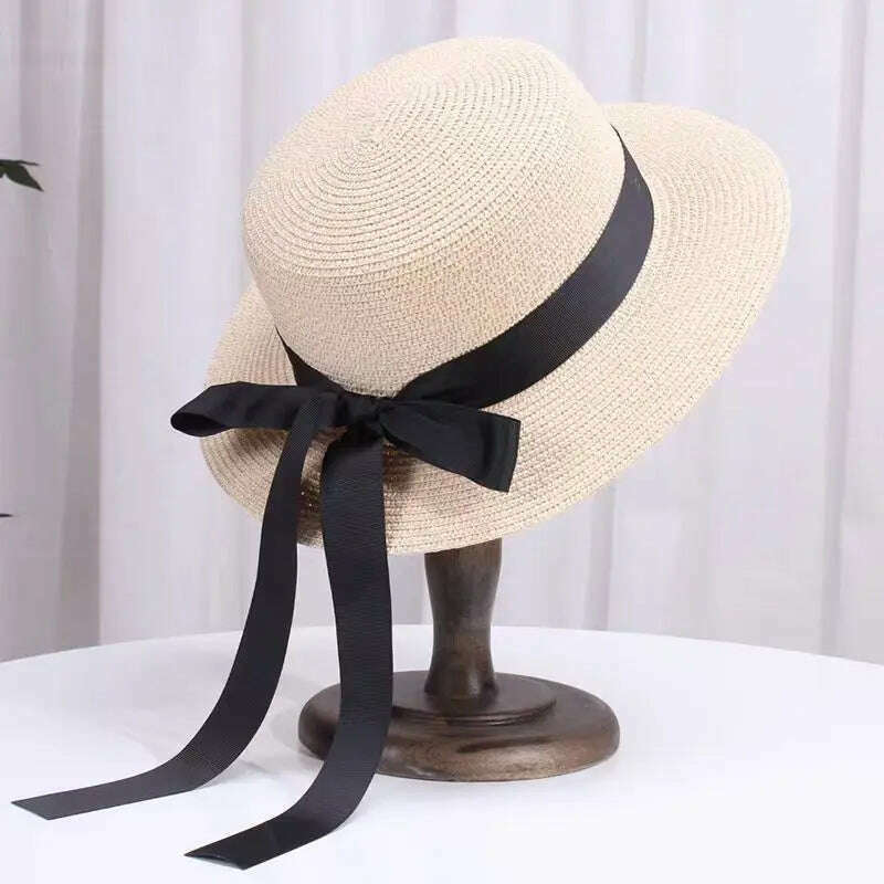 KIMLUD, French Style Sun Hat for Women Flat Top Bowknot Summer Wide Brim Boater Straw Cap Church Derby Fedoras Beach Vacation Panama Hat, Beige, KIMLUD APPAREL - Womens Clothes