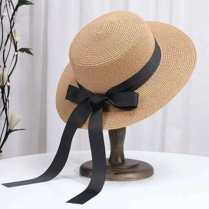 KIMLUD, French Style Sun Hat for Women Flat Top Bowknot Summer Wide Brim Boater Straw Cap Church Derby Fedoras Beach Vacation Panama Hat, khaki, KIMLUD APPAREL - Womens Clothes