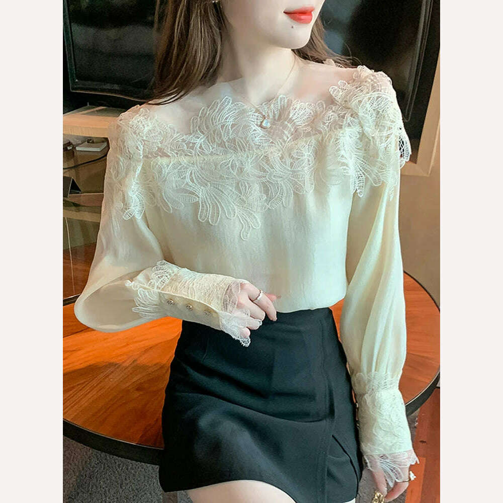 KIMLUD, French Vintage Floral Blouses Women Long Sleeve O-Neck Shirts Lace Shirts Famale Sexy Lace Elegant Tops Ladies 2023, Apricot color / S, KIMLUD APPAREL - Womens Clothes