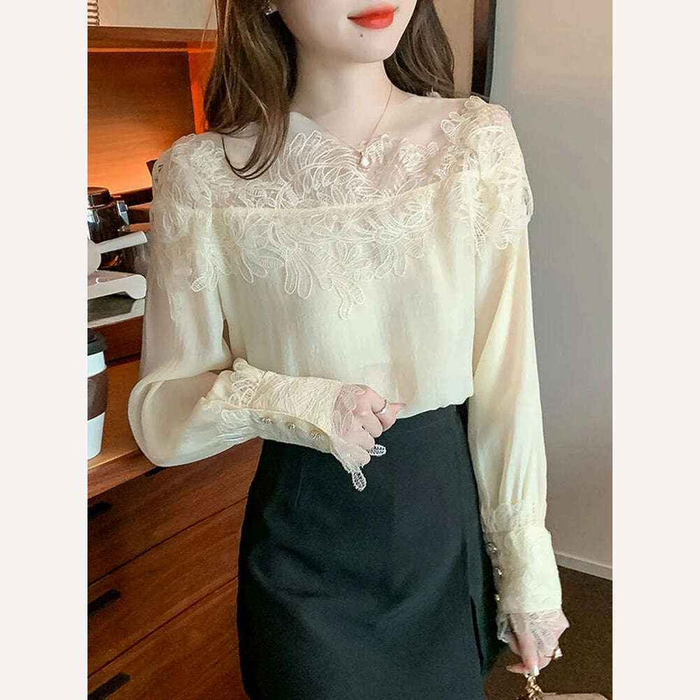 KIMLUD, French Vintage Floral Blouses Women Long Sleeve O-Neck Shirts Lace Shirts Famale Sexy Lace Elegant Tops Ladies 2023, KIMLUD Womens Clothes