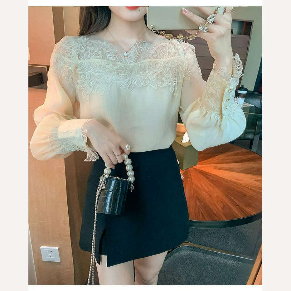 KIMLUD, French Vintage Floral Blouses Women Long Sleeve O-Neck Shirts Lace Shirts Famale Sexy Lace Elegant Tops Ladies 2023, KIMLUD Womens Clothes