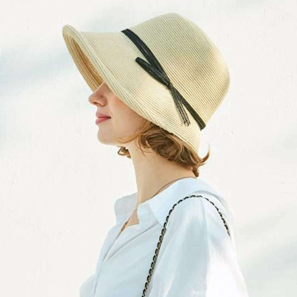 KIMLUD, FS 2023 French Straw Bonnet Cap for Women Victorian Sun Hats Chin Strap Foldable Summer Accessories Bucket Hat Fedoras For Beach, Beige / M(55-58CM), KIMLUD APPAREL - Womens Clothes