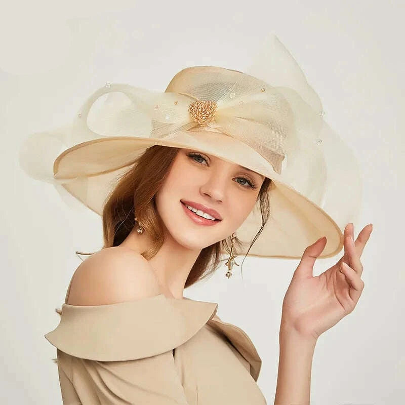 KIMLUD, FS Beige White Organza Wide Brim Sun Hats For Women Church Hats Women Elegant Kentucky Derby Hat Ladies Big Bow Fedora, KIMLUD Womens Clothes