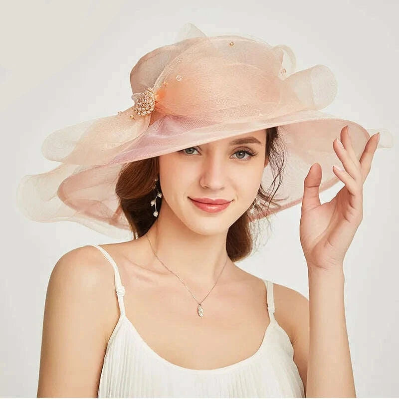 KIMLUD, FS Beige White Organza Wide Brim Sun Hats For Women Church Hats Women Elegant Kentucky Derby Hat Ladies Big Bow Fedora, Light Pink Sun Hat / 56-58CM, KIMLUD APPAREL - Womens Clothes