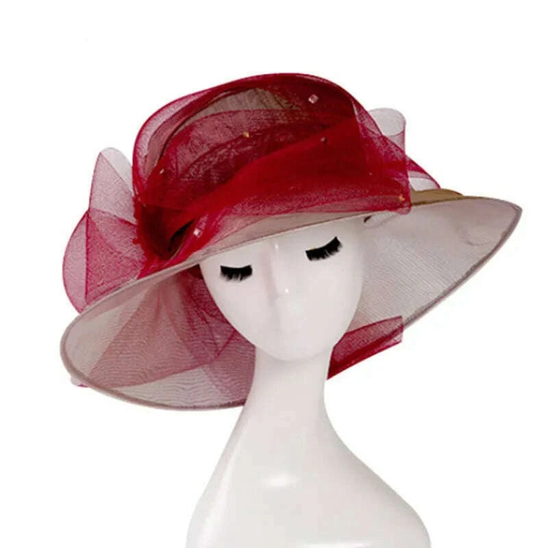 KIMLUD, FS Beige White Organza Wide Brim Sun Hats For Women Church Hats Women Elegant Kentucky Derby Hat Ladies Big Bow Fedora, Wine Red Sun Hat / 56-58CM, KIMLUD APPAREL - Womens Clothes