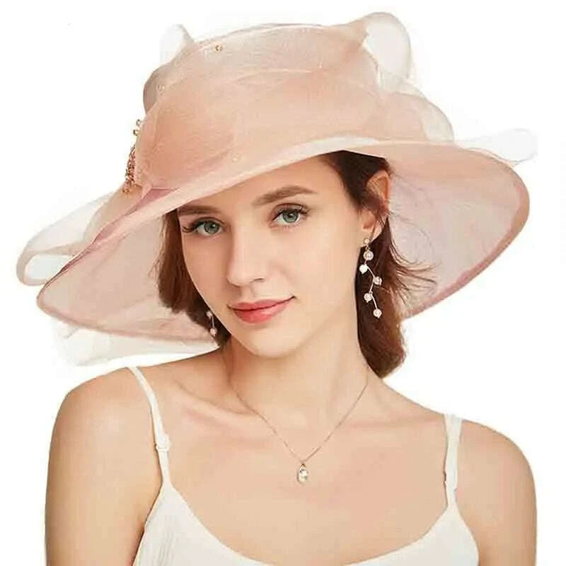 KIMLUD, FS Beige White Organza Wide Brim Sun Hats For Women Church Hats Women Elegant Kentucky Derby Hat Ladies Big Bow Fedora, KIMLUD Womens Clothes