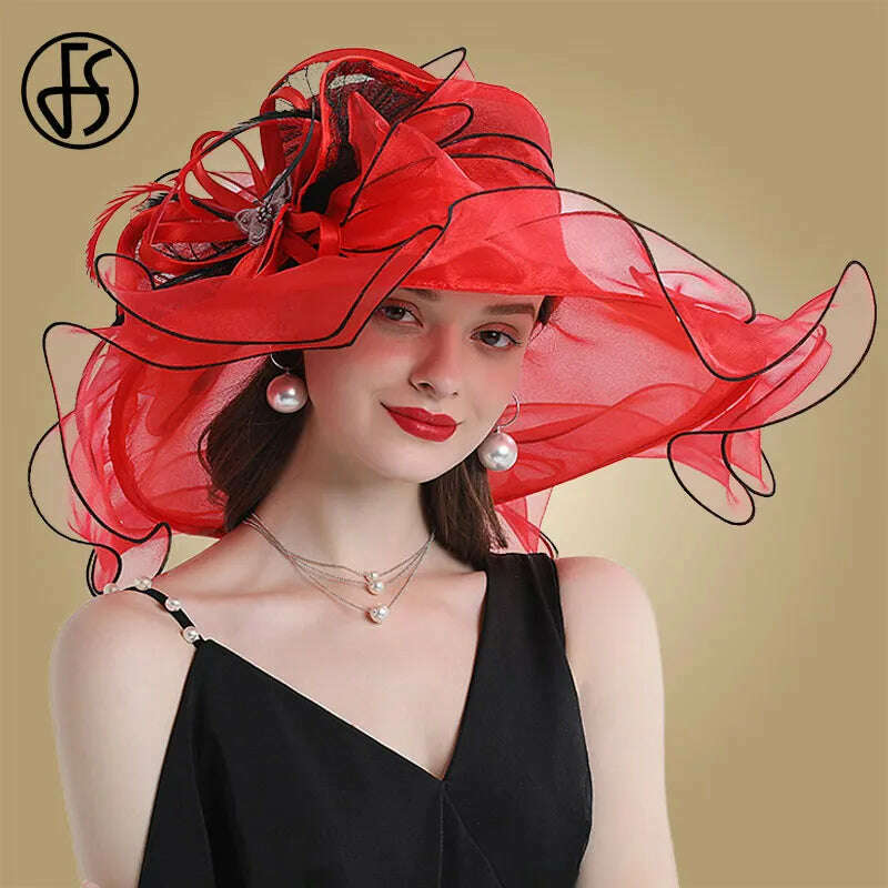 KIMLUD, FS Big Brim Fedora Hats For Women Organza White Sun Hats Flower Ladies Wedding Party Kentucky Wide Church Fedoras, Red / M (56-58CM), KIMLUD APPAREL - Womens Clothes