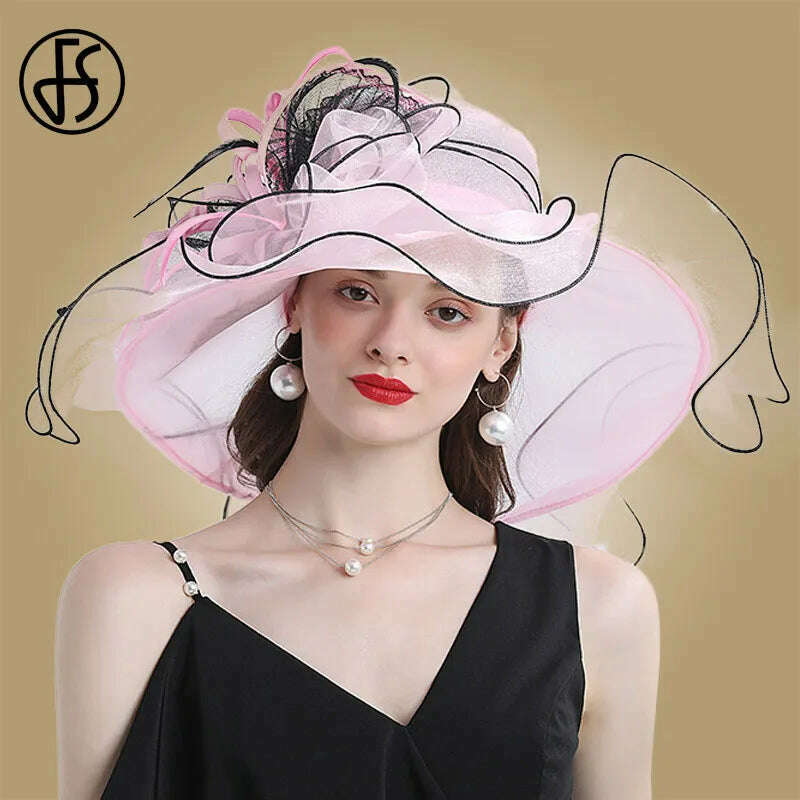 KIMLUD, FS Big Brim Fedora Hats For Women Organza White Sun Hats Flower Ladies Wedding Party Kentucky Wide Church Fedoras, Pink / M (56-58CM), KIMLUD APPAREL - Womens Clothes