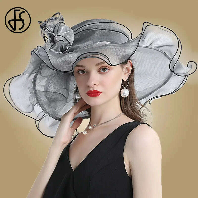 KIMLUD, FS Big Brim Fedora Hats For Women Organza White Sun Hats Flower Ladies Wedding Party Kentucky Wide Church Fedoras, Gray / M (56-58CM), KIMLUD APPAREL - Womens Clothes