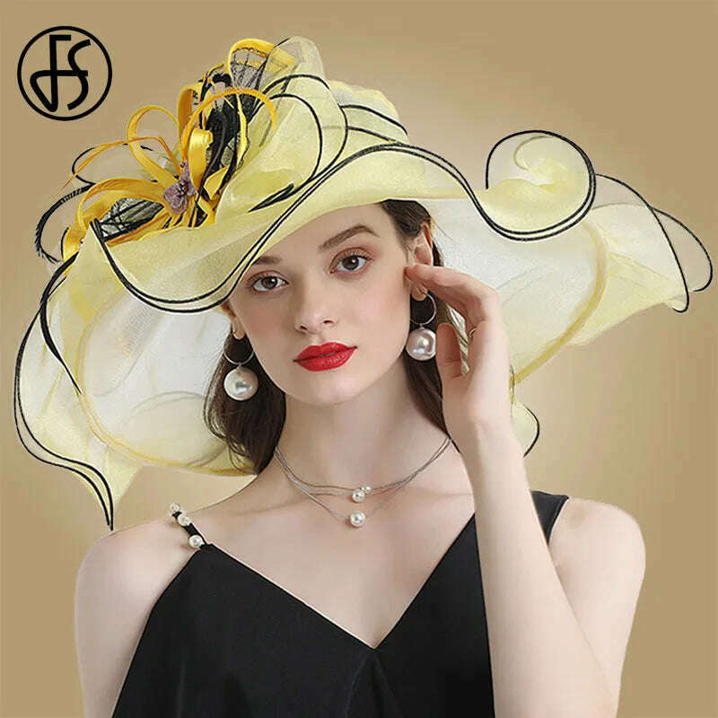 KIMLUD, FS Big Brim Fedora Hats For Women Organza White Sun Hats Flower Ladies Wedding Party Kentucky Wide Church Fedoras, Yellow / M (56-58CM), KIMLUD APPAREL - Womens Clothes