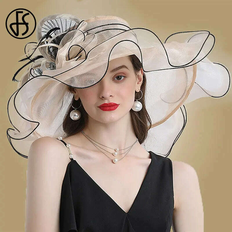 KIMLUD, FS Big Brim Fedora Hats For Women Organza White Sun Hats Flower Ladies Wedding Party Kentucky Wide Church Fedoras, Beige / M (56-58CM), KIMLUD APPAREL - Womens Clothes