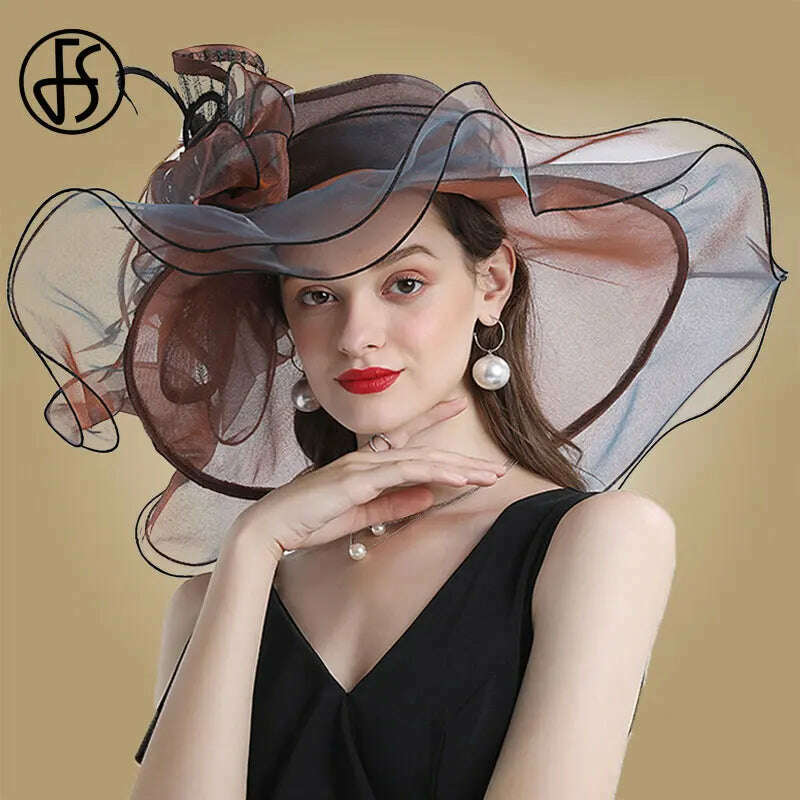 KIMLUD, FS Big Brim Fedora Hats For Women Organza White Sun Hats Flower Ladies Wedding Party Kentucky Wide Church Fedoras, Brown / M (56-58CM), KIMLUD APPAREL - Womens Clothes