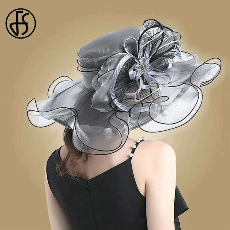 KIMLUD, FS Big Brim Fedora Hats For Women Organza White Sun Hats Flower Ladies Wedding Party Kentucky Wide Church Fedoras, KIMLUD Womens Clothes